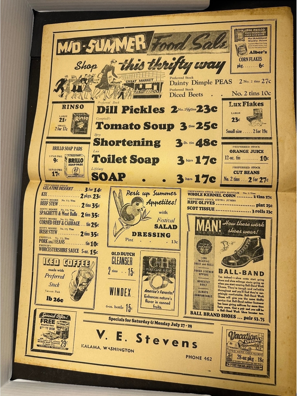 1941 Vintage Newspaper Advertising Page Kalama WA Grocery Ads 16x22